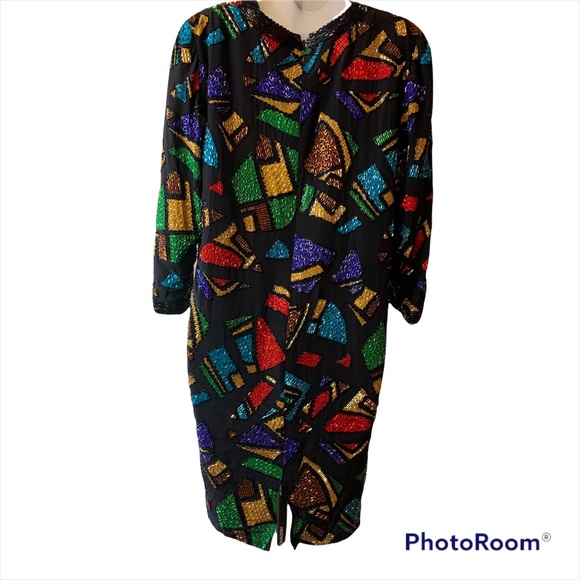 Vintage OLEG CASSINI Black Tie 100% Silk beaded Dress size 4 - Picture 5 of 17